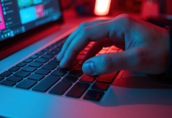 A close-up of a hand typing on a laptop keyboard in a dimly lit environment