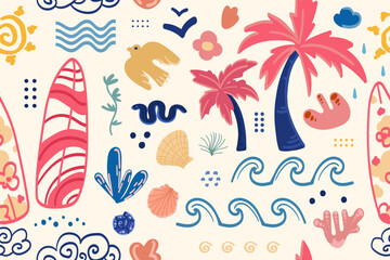 Fototapeta na wymiar Seamless pattern with tropical elements with palm trees, surfboards, waves, birds, seashells, for textile design, beachwear prints, wallpapers, wrapping, summer digital backgrounds.Vector illustration