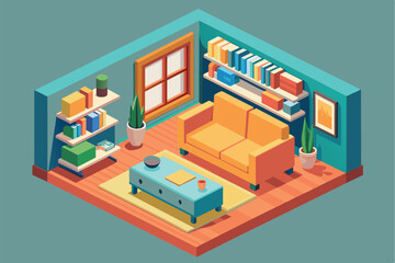 Fototapeta premium An isometric illustration of a modern living room with a yellow couch, coffee table, and bookshelves, featuring potted plants and a window.