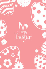 Happy Easter Vector Creative Greeting Card or Banner Design. Decorated Easter Eggs, Bunny Ears, Spring Flowers and Plants decorations. Painted and Ornamental Eggs. Creative Easter and Spring Frame. 