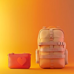  Military backpack placed next to a medical health pouch, set on a rugged surface, evoking preparedness and survival