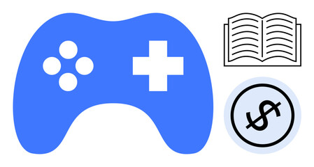 Blue gaming controller, open book, and dollar sign encircled in black highlight gaming, learning, and financial growth. Ideal for gaming industry, learning platforms, finance education, investment