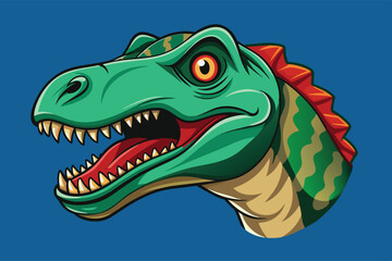 Obraz premium A detailed illustration of a green dinosaur head with sharp teeth and a red crest against a blue background.
