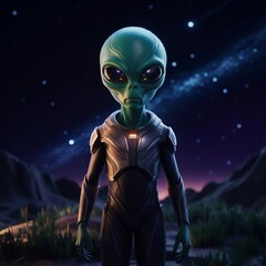 A mysterious alien stands under a starry night sky, glowing green eyes shining brightly, its slender body silhouetted against the darkness