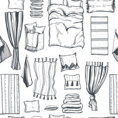Hand-drawn home textiles. Curtains, carpets, bed linen, towels.  Vector seamless pattern.