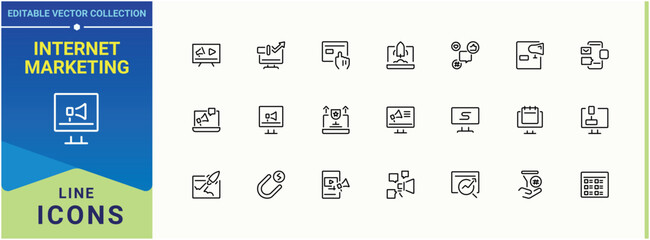 Internet Marketing related icon. Digital Marketing simple icon. Advertising minimal thin line web icons set. Collection for mobile and web apps. Conceptual pictogram and infographic.