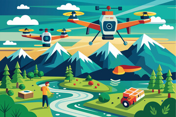 Naklejka premium A drone flies over a picturesque mountain landscape with a river winding through the valleys. A person stands on the riverbank, suggesting a delivery or monitoring service.