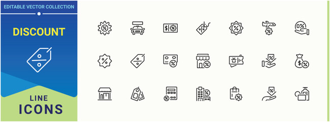 Set of Discount line icon. Contains related to shop, coupon, commerce, off, payment, business and more. Vector icons collection. Coupon icon set. Editable vector stroke.