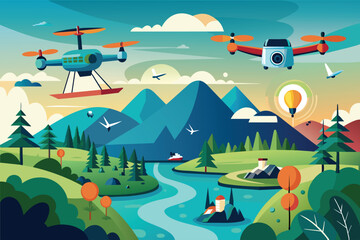 Two drones fly over a scenic landscape featuring mountains, a winding river, and lush green foliage. The illustration evokes a sense of peace and tranquility.