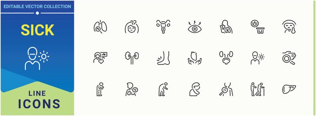 Sick icon set. Contains related to treatment, health care, allergy, health, pain and more. Disease line icon set. UI icons set in a thin style. Vector illustration in modern line style.