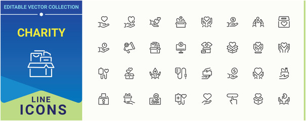 Charity icon pack. Featuring foundation, assist, volunteer, cooperation, support and more. Donation modern icon set. Simple line vector icons. Pixel perfect. Editable vector.