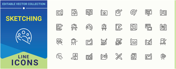 Sketching icon collection. Pack of graphic, paintbrush, draw, sketch and more. Drawing icon set. Simple line vector icons. Editable stroke. Vector illustration.