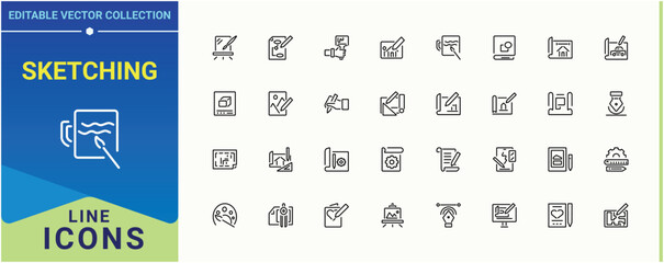 Sketching icon collection. Pack of graphic, paintbrush, draw, sketch and more. Drawing icon set. Simple line vector icons. Editable stroke. Vector illustration.
