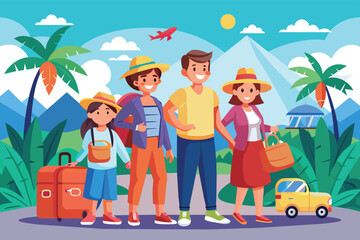 Fototapeta premium A family of four, dressed for a tropical vacation, stands together, ready to begin their adventure. They are smiling and looking excited to explore their new destination.