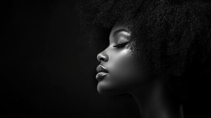 Sophisticated Black and White Studio Portrait of a Confident African American Woman with Natural Afro Hair, Luxurious Makeup, and Glamorous Expression

