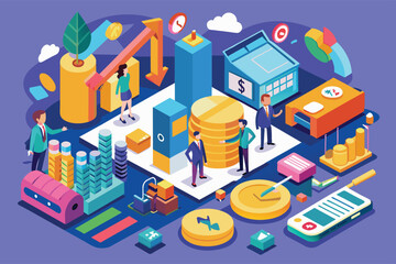 Obraz premium An isometric illustration shows business professionals analyzing financial data and growth strategies with charts, graphs, coins, and symbols of success.