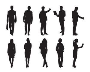 Business people silhouettes, men and women in office clothes, standing and walking poses. Perfect for presentations, infographics, web design, apps, icons, and business-themed visual content