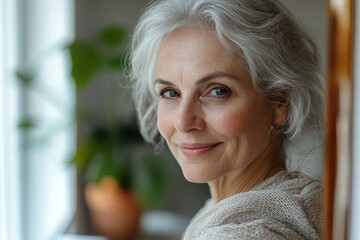 An older woman looking out the window, lost in thought. The warm sunlight kisses her face as she gazes into the horizon, a book left open beside her.