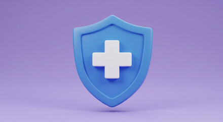 Obraz premium A protective blue shield with a white cross symbolizing healthcare security and well-being, rendered in a minimalist 3D style against a soft purple background.