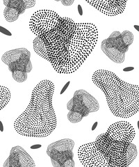 Abstract seamless background or pattern with geometric shapes, dots or spots, lines and strokes. Black and white colors. Vector.