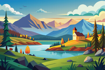 A colorful illustration depicts a mountain lake with a house nestled on a hill overlooking the water. The scene is set in the fall, with bright foliage and a serene, clear sky.