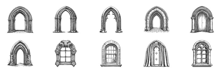 Gothic And Romanesque Architectural Elements Illustration Set In Vintage Style. Historical Architecture And Design Inspiration In Hand Drawn Sketch Style. Isolated Vector Illustration