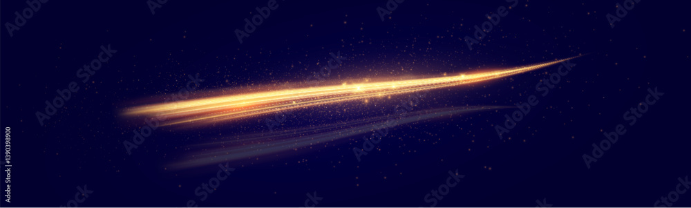 Aufkleber Golden light trail with glowing particles on dark background, abstract motion and speed concept.