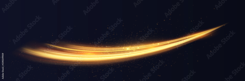 Aufkleber golden light trail with glowing particles on dark background, abstract motion and speed concept.