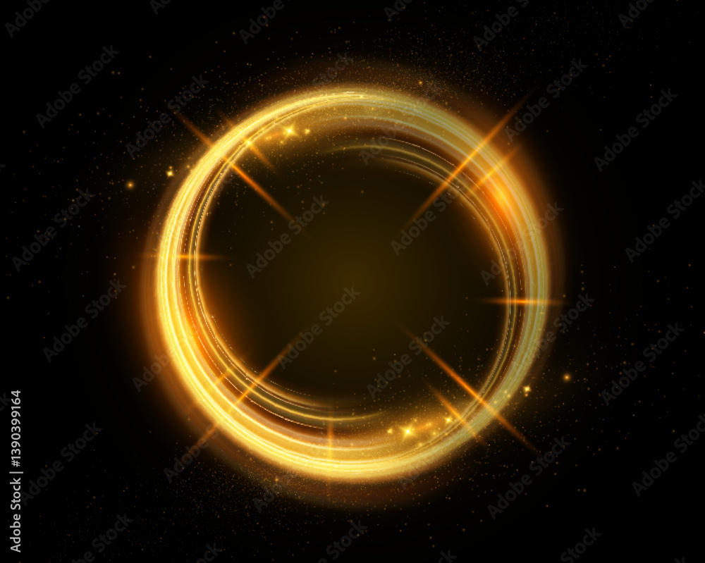 Aufkleber golden light trail with glowing particles on dark background, abstract motion and speed concept.