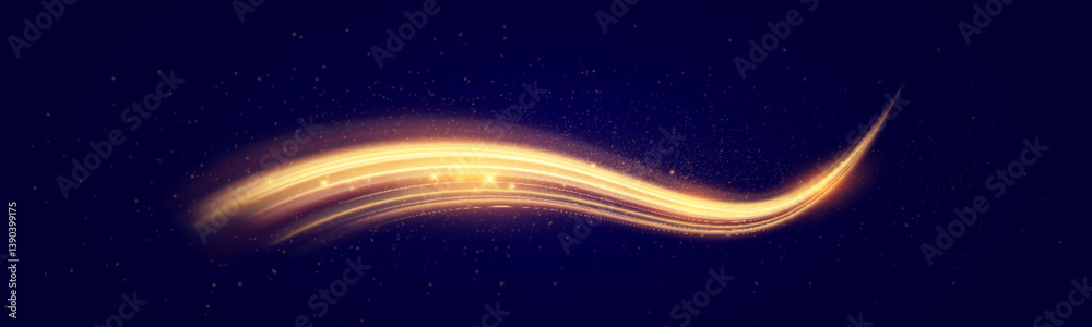 Aufkleber golden light trail with glowing particles on dark background, abstract motion and speed concept.