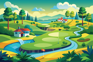 Obraz premium A colorful illustration depicting a scenic golf course with a winding river, green hills, and charming houses.