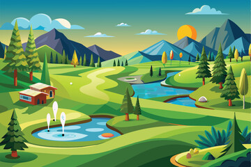 Obraz premium A beautiful, colorful illustration of a golf course with a river winding through it, mountains in the distance, and a sunset in the sky.