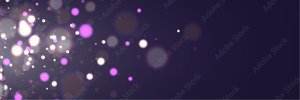 Poster abstract magical glowing bokeh lights on dark background with purple and gold sparkles, soft blurry 