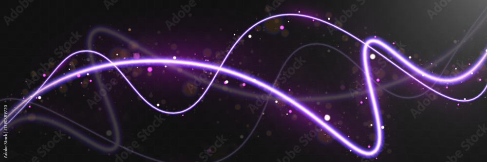 Poster Abstract glowing light trails with bokeh and sparkles on a smooth background. Dynamic motion effect for futuristic, digital, and technology-themed designs.
