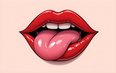 Glossy red lips with a large pink tongue sticking straight out vector illustration, sexy red lips with tongue out emoji
