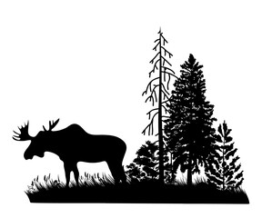 Forest landscape with animal silhouettes. Moose against the backdrop of northern nature. Vector illustration.	