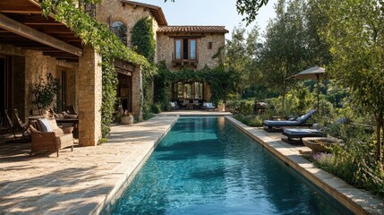 Fototapeta premium Tranquil countryside villa with serene pool and lush gardens surrounded by nature