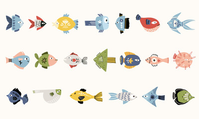 Folk hygge ocean fishes clip arts, hand drawn vector set in Scandinavian Nordic style, isolated on white. Collection of classic ethnic elements. The scandi folk motifs pack