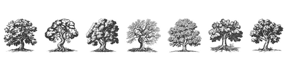 Vintage Tree Illustrations Set In Hand Drawn Sketch Style. Nature And Growth Concepts In Isolated Vector Illustration