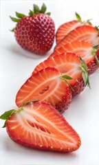 Sliced strawberries isolated, fresh red berry pieces, summer food ingredient, close-up on a white background. (Strawberry)