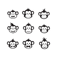 Black and white illustration, cartoon monkey faces, monkey heads, vector  