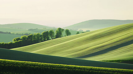 Obraz premium Rolling green hills and fields at sunrise.
