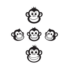 Black and white illustration, cartoon monkey faces, monkey heads, vector  