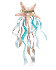 Underwater starfish with tied satin blue and white ribbons hand drawn watercolor sea illustration