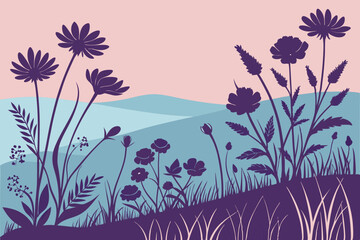 flowers and grass silhouette vector