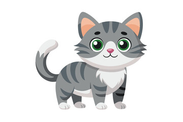 A cute cartoon cat with gray and white stripes, big green eyes, and a pink nose is standing on a white background. It has a white patch on its chest and tail.