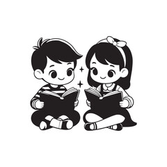 Cute cartoon children, boy and girl reading book, black and white illustration 
