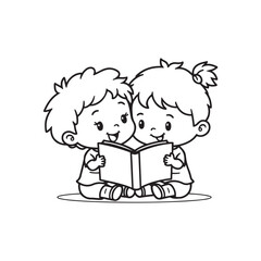 Cute cartoon children, boy and girl reading book, black and white illustration 