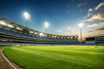 Cricket Stadium Illuminated at Twilight for Upcoming Match