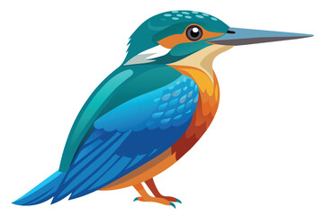 A common kingfisher perched on a branch, displaying vibrant blue and orange plumage. Its sharp beak points right, with intense black eyes.